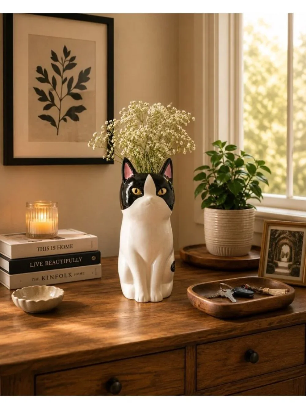 New Black & White Kitty Cat Animal Decorative Flower Table Vase Room Decor